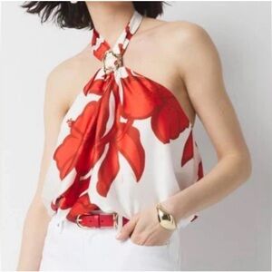 White House Black Market Silky Red and White Floral Halter Blouse